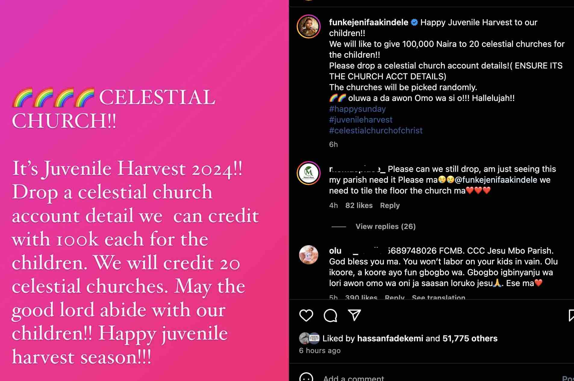 Funke Akindele marks Juvenile harvest, donates N2M to Celestial churches